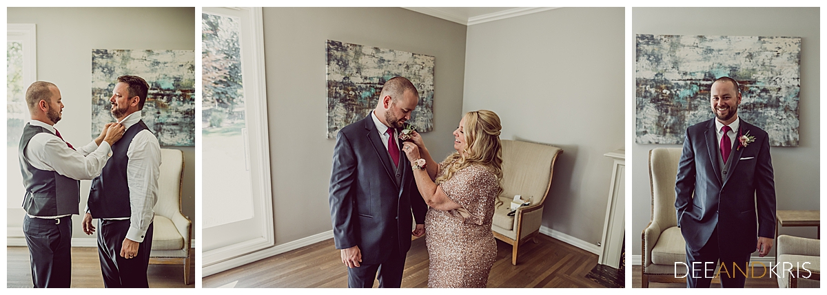 Three images of the groom being assisted with his tie, boutonniere, and ready.
