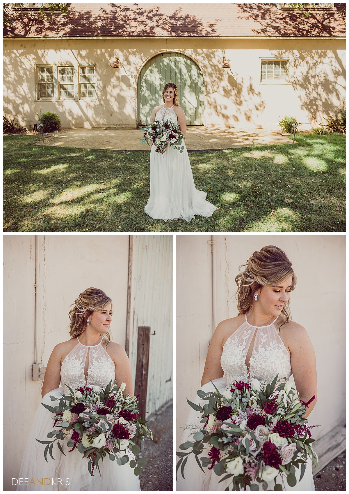 Three images of the bride in various poses in front of green stable doors.