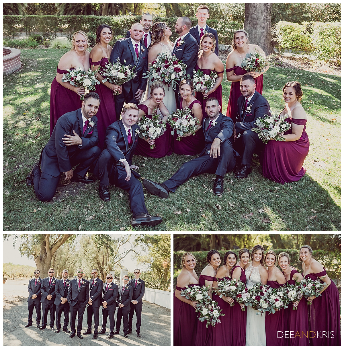 Three images of formal wedding party poses.