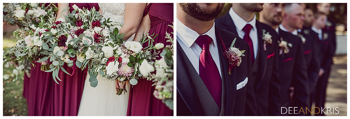 Two images of the bridesmaids bouquets and the groomsmen's boutonnieres