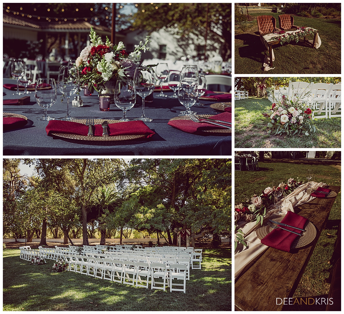 Four images of the table setting details and seating.