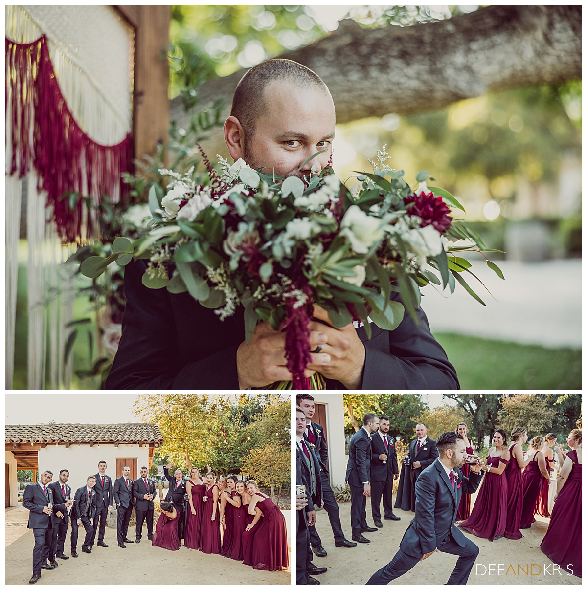 Three images of groom hiding behind the bouquet and the wedding party dabbing.