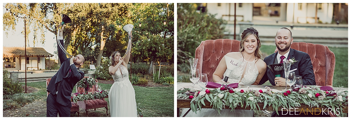 Two images of the bride and groom entrance with their beer bongs.