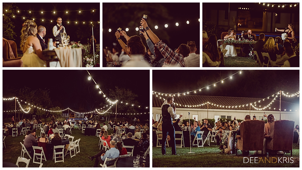 Five images of various guests toasting the couple.