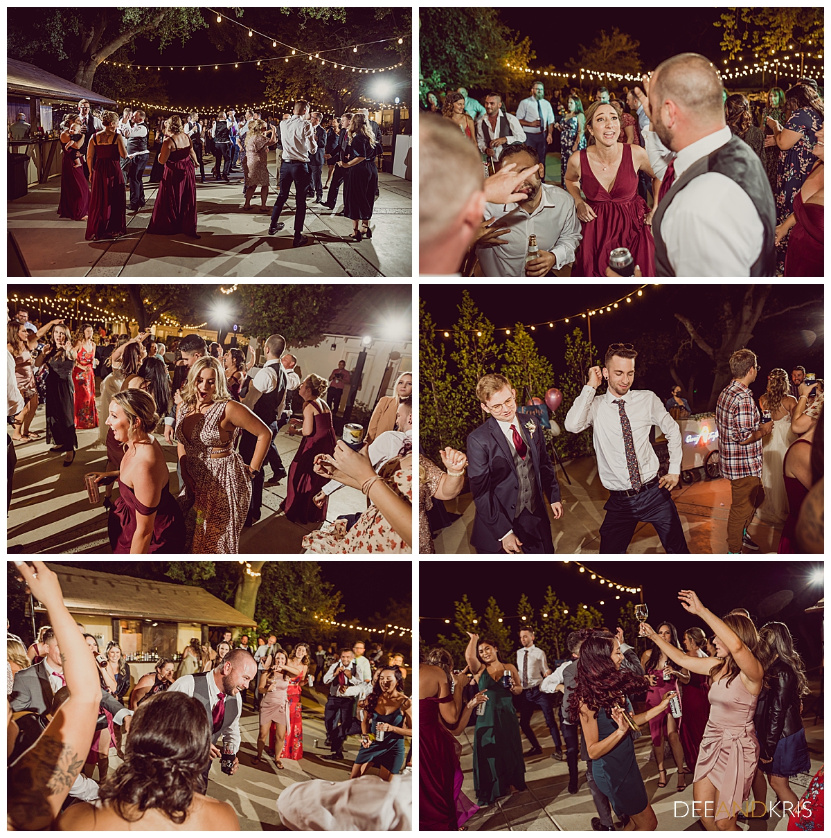 Six images of guests dancing