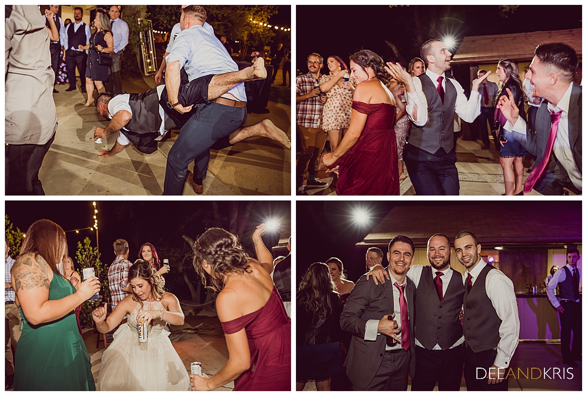 Four images of guests dancing