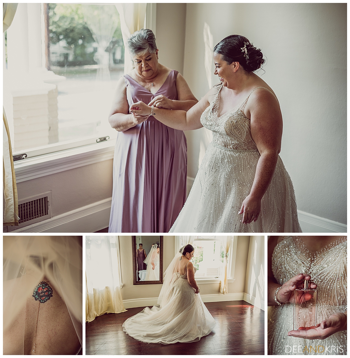 Five images of bridal details; bracelet, back necklace, dress, and perfume.
