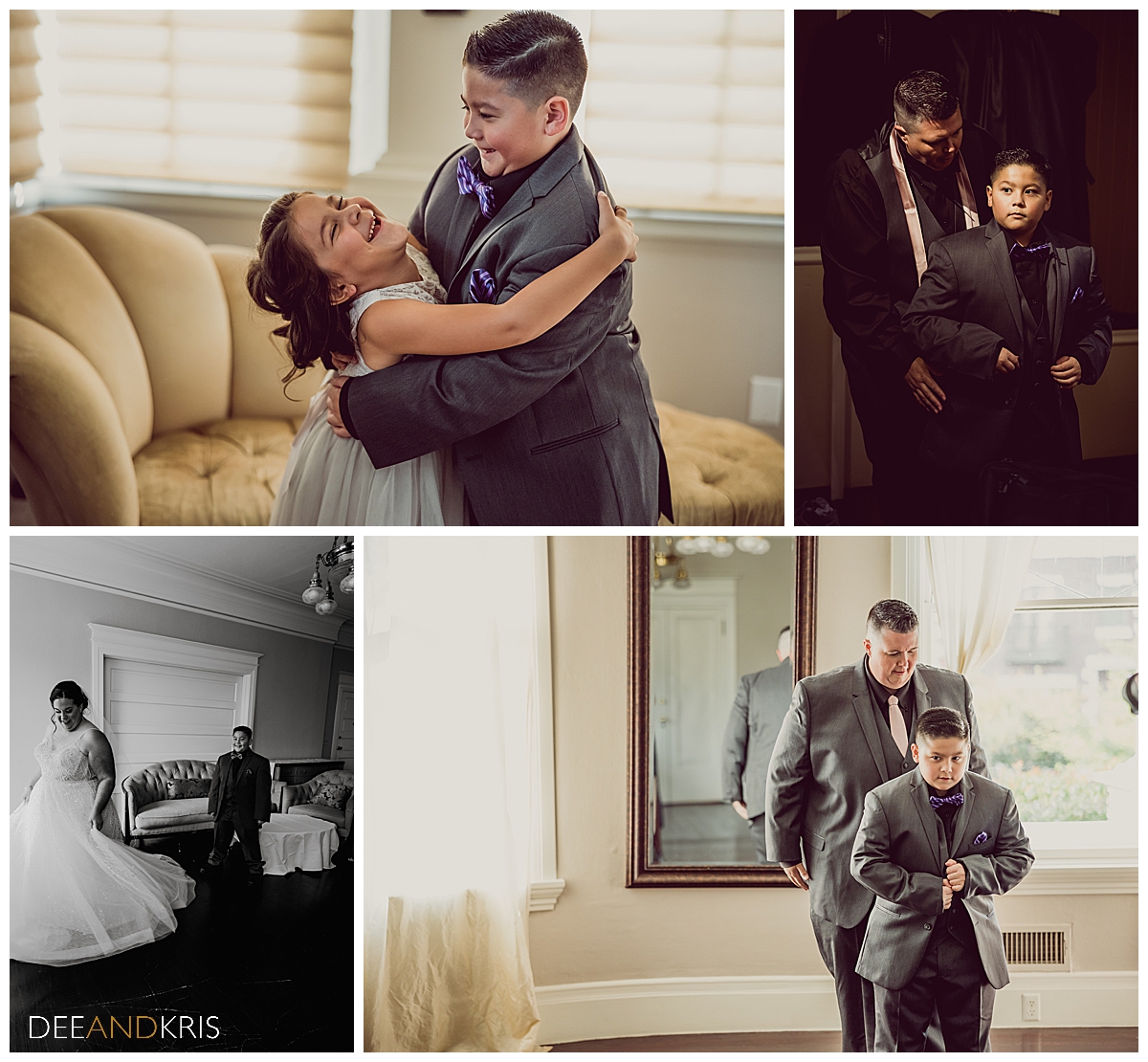 Four images of couple's son with couple and flower girl.