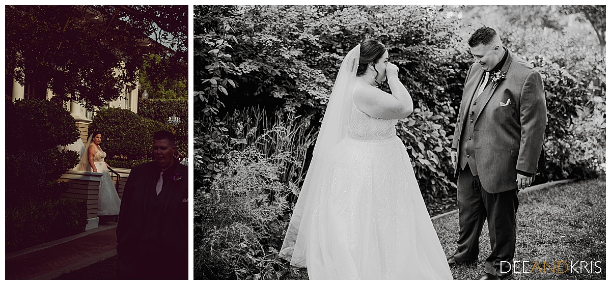Two images of couple's first look session.