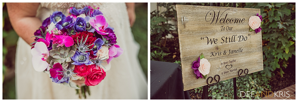 Two images of wedding details; bouquet and welcome sign.