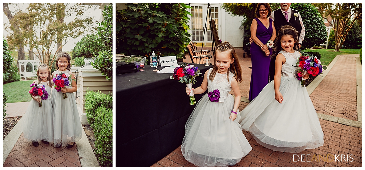 Two images of flower girls showing off their dresses.