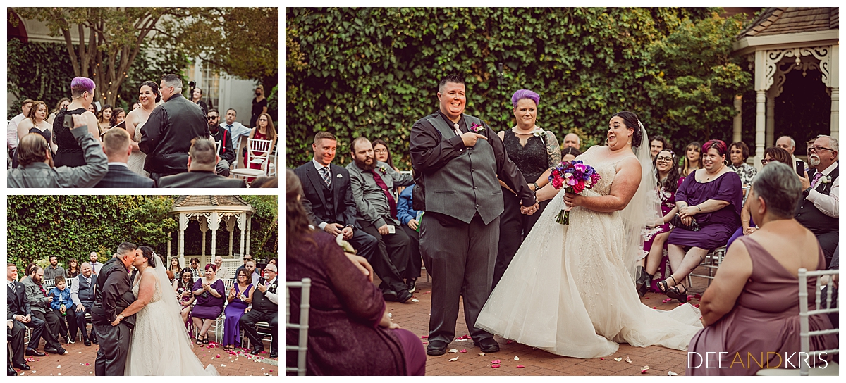 Three images of ceremony ending, kiss, and presentation of the couple.
