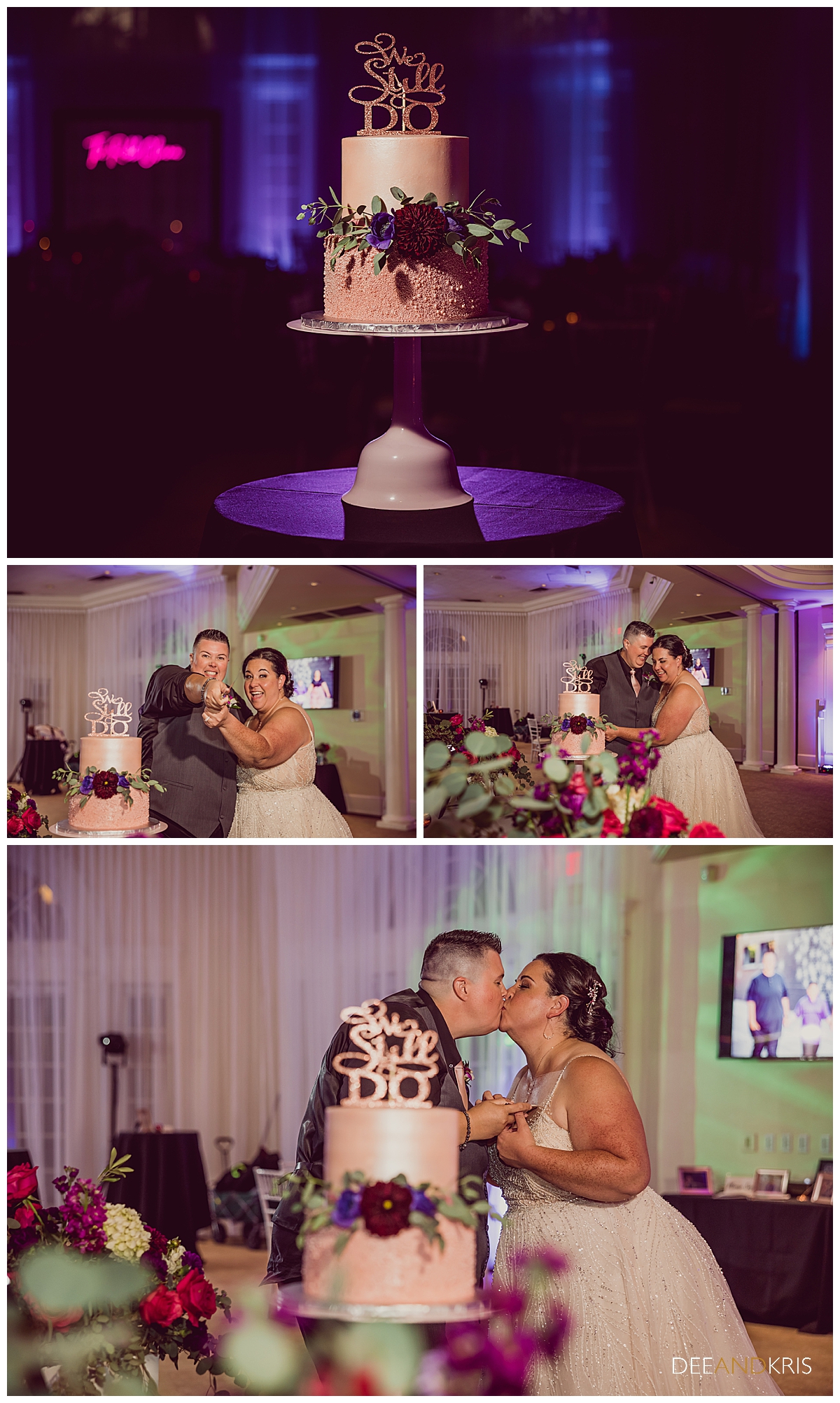 Four images of cake and cake cutting