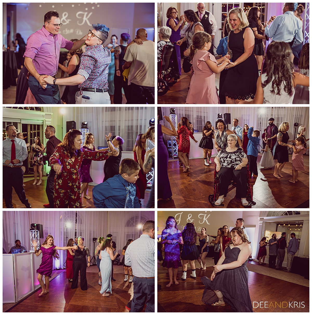 Six images of guests dancing.