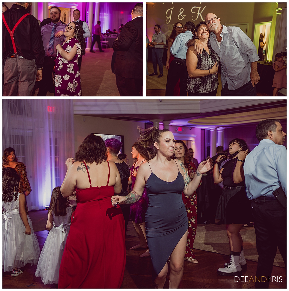 Three images of guests dancing and celebrating.