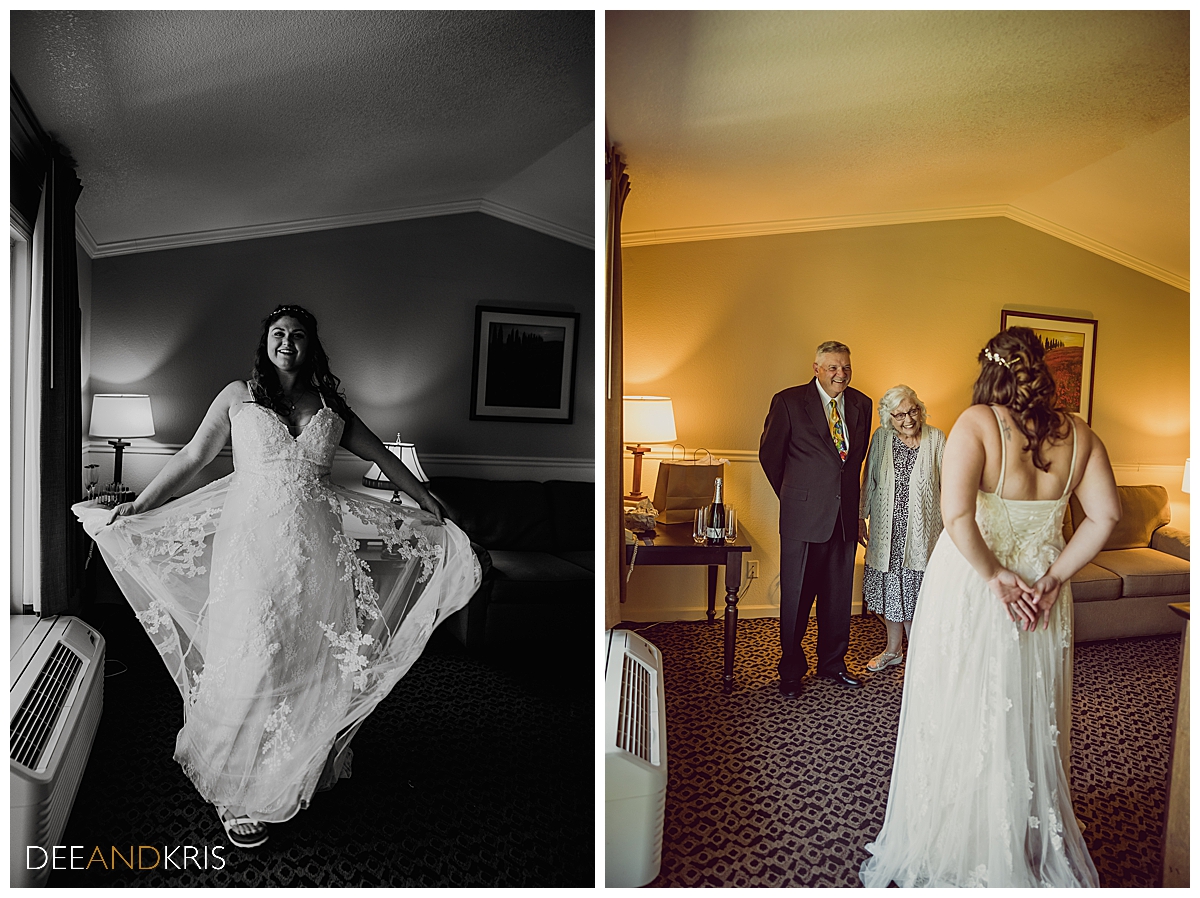 Two images: black and white of bride twirling in her wedding dress, color image of grandparents seeing bride in dress.