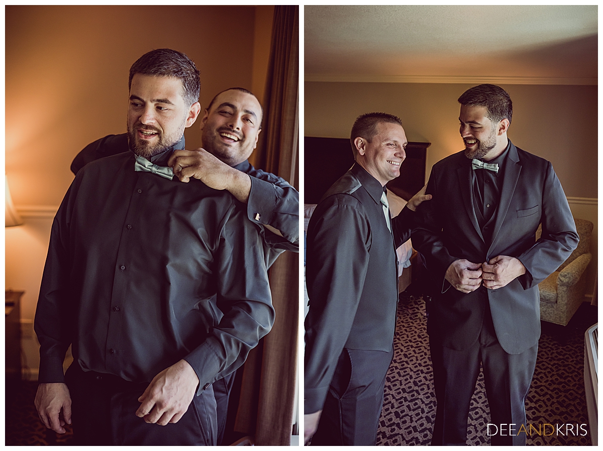 Two images of groom getting ready.