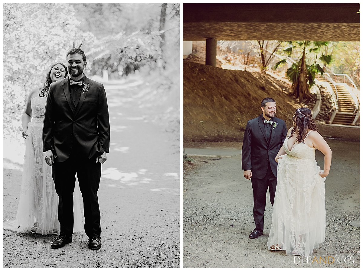 Two images side-by-side: Black and white image of groom with back turned to bride for First Look. Color image of bride with back to groom turning to look at him.