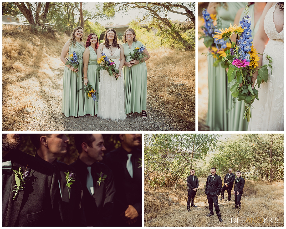 Four images: Top left of bride with her bridesmaids. Top right of bridal party bouquets. Bottom left of Groomsmen boutonnieres. Bottom right of Groom with Groomsmen.