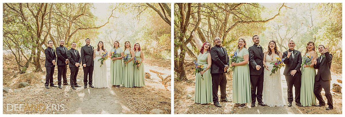 Two side-by-side images of wedding party posing.