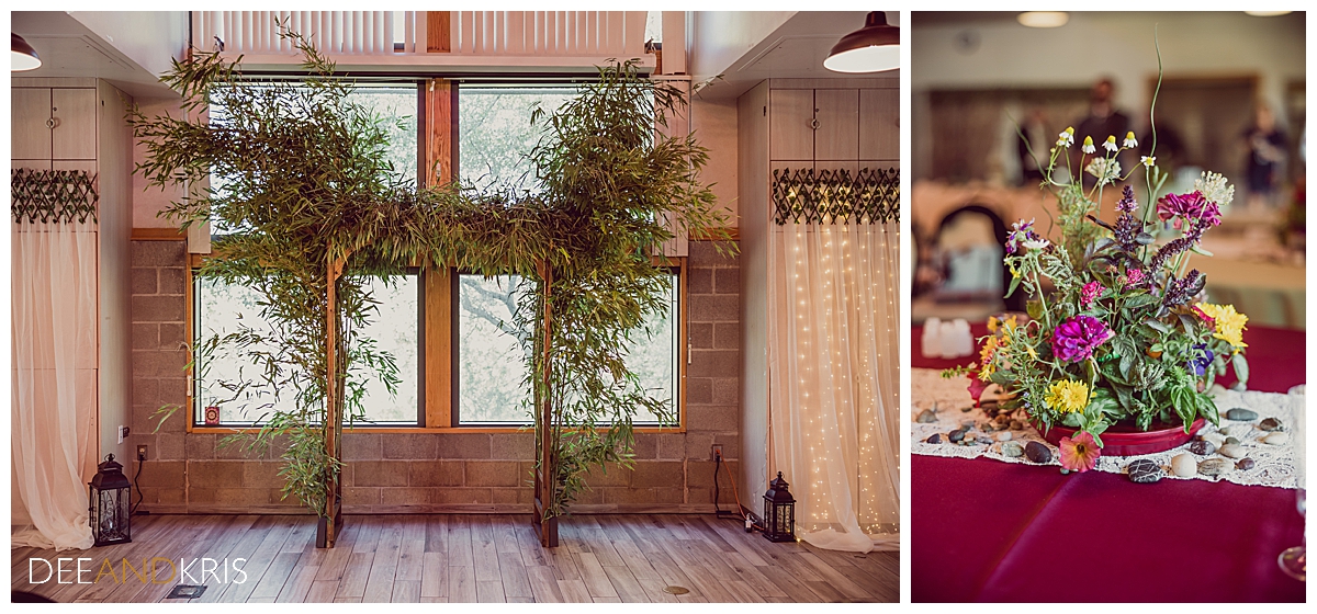 Two side-by side images of venue decorations; Left image of altar arch decorated with branches. Right image of floral table centerpiece.