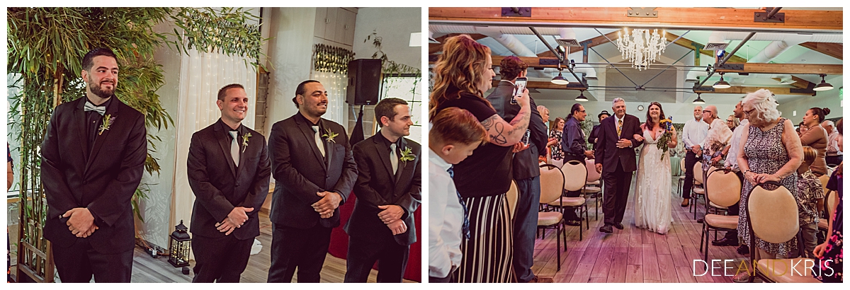 Two side-by-side images: Left image of Groom with groomsmen watching bride walk down the aisle. Right image of Bride walking down the aisle.