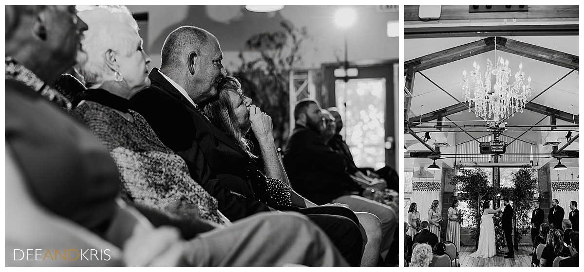 Two black and white images side-by-side; left image of family crying. Right image of bride and groom exchanging looks.