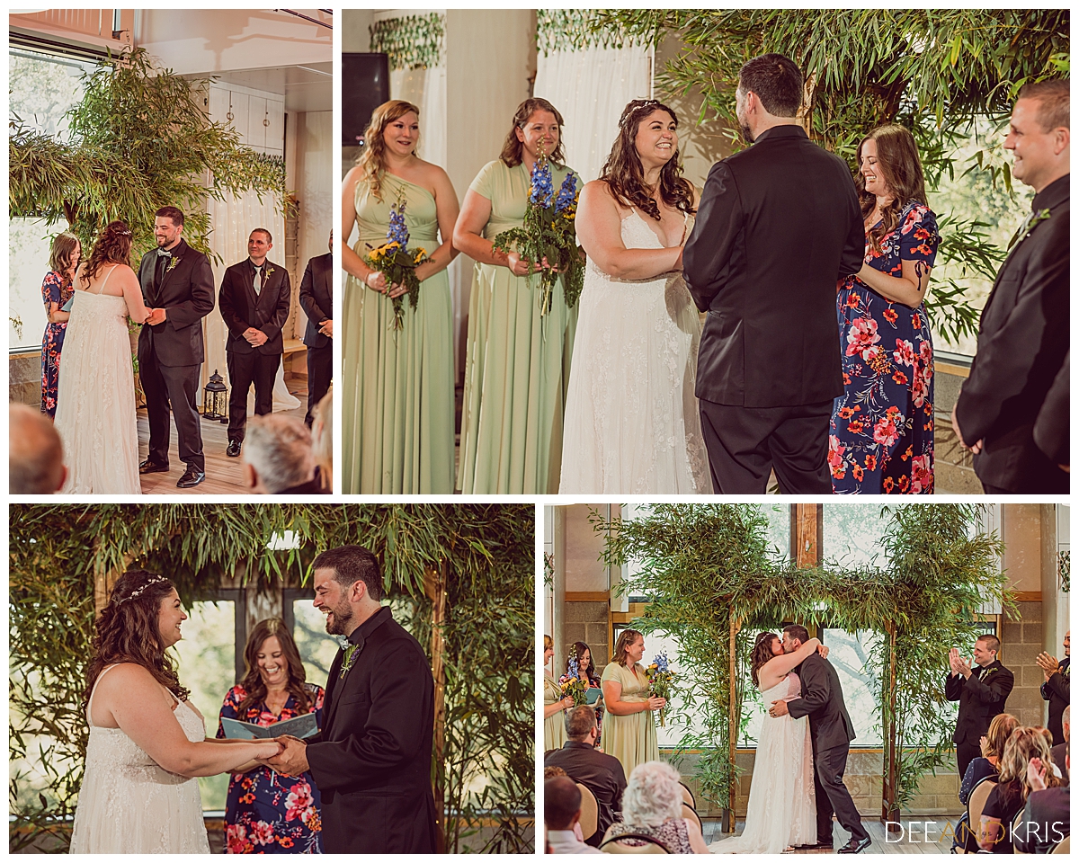 Four images: Top left image of groom looking at bride while she laughs. Top right of bride with a big smile looking at groom, Bottom left image of bride and groom exchanging rings. Bottom right of first kiss.