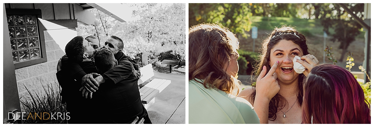 Two side-by-side images: left image black and white of Groomsmen embracing groom. Right color image of Bride having her tears wiped away by bridesmaids.