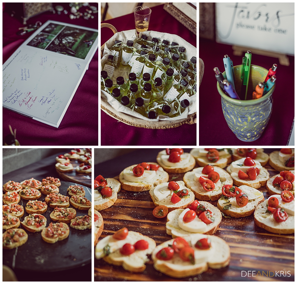 Five images of details: Top right of guest book, top middle of wedding favors of tiny wine bottles, top right of colored pens for guest book. Bottom two images of canapés.