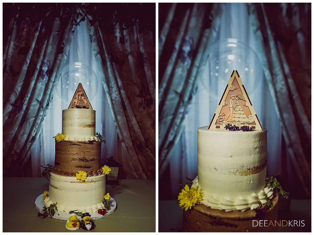 Two side-by-side images of wedding cake.