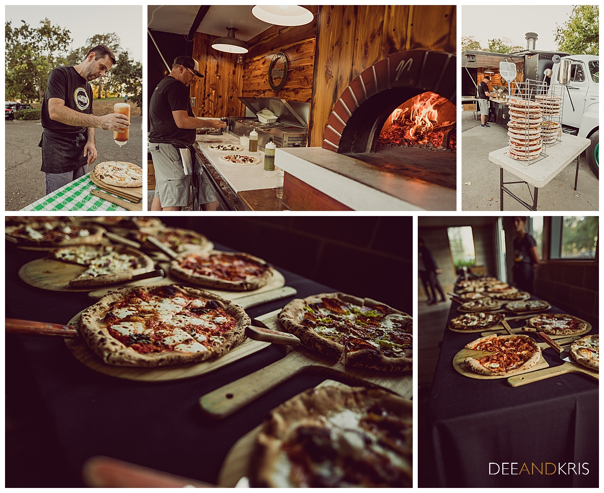 Five images of pizza chefs catering event: Top left image of chef applying sauce. Top middle image of chef in front of pizza oven. Top right image of pizzas stacked on racks. Bottom two images of personal pizzas on pizza boards.
