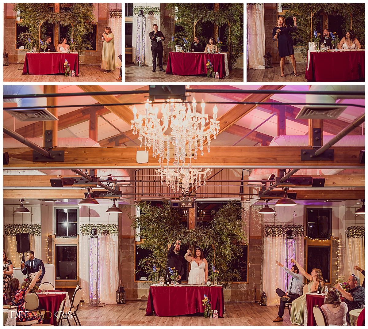 Four images of various guests toasting the newlyweds.