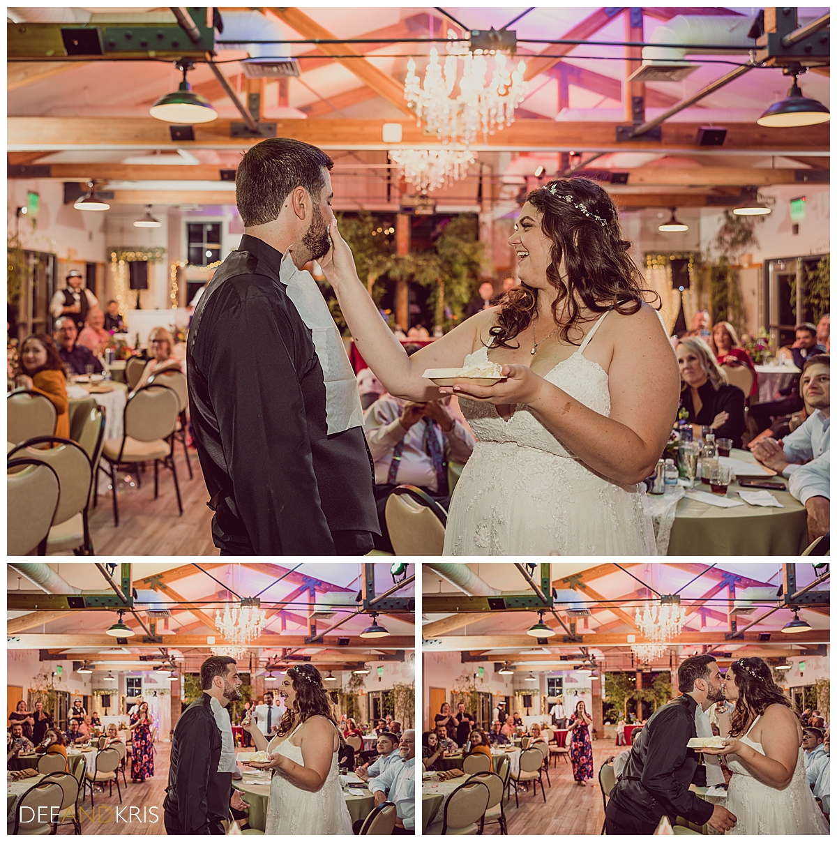 Three images: Top image of bride smashing cake in groom's face. Bottom left image of groom with cake on his face. Bottom right image of couple kissing after cake smash.