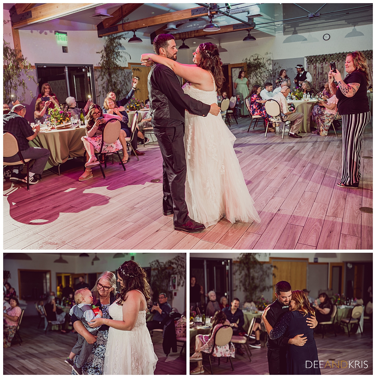 Three images: Top image of couple's first dance. Two bottom images of parents dancing with bride and groom.