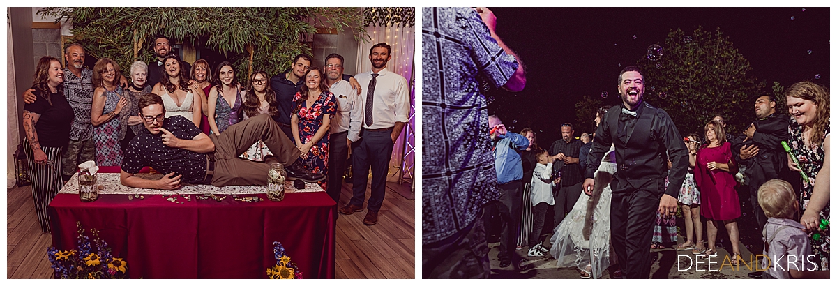 Two side-by-side images: left image of group with one guest lying across the table. Right image of groom dancing.
