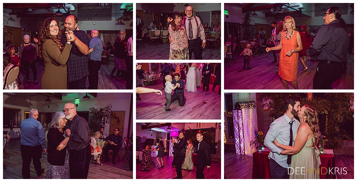 Seven images of various guests dancing.