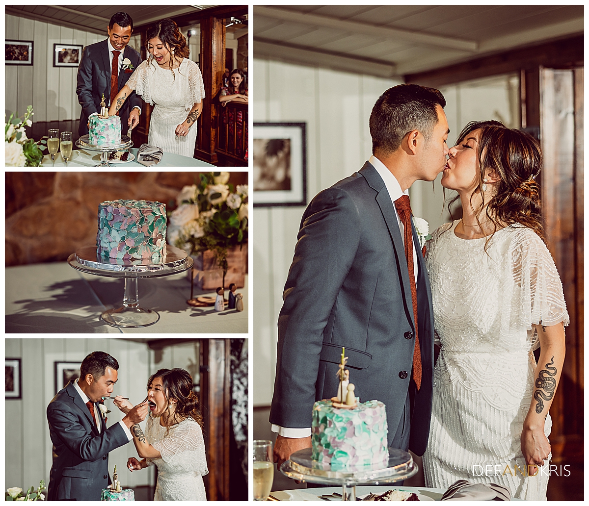 Four images: Tope left image of bride and groom cutting cake. Middle left image of cake on crystal cake stand. Bottom right image of couple feeding each other cake. Right image of couple kissing after feeding each other cake.