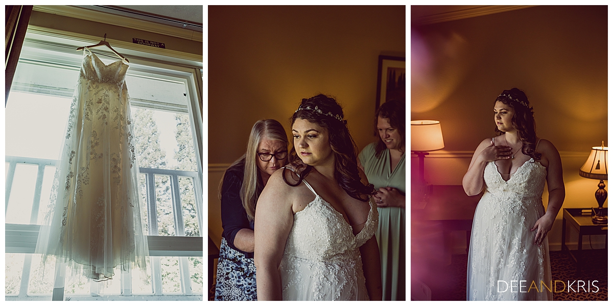 Three images of wedding dress, bride being helped into dress, and bride in dress looking out of window with pink perfume bottle out of focus in foreground.
