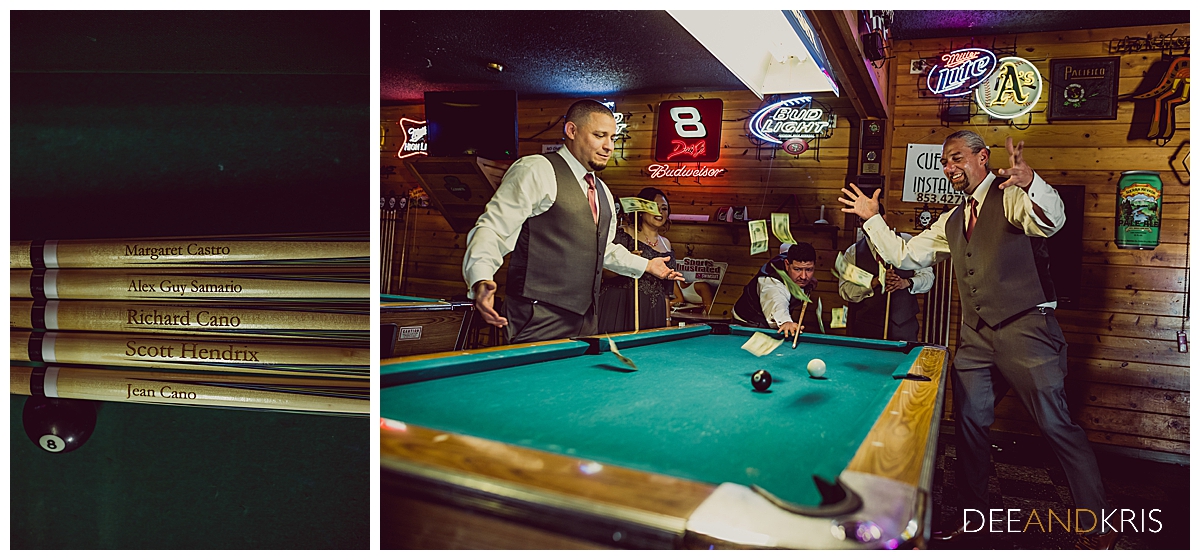 Two color images: left image of personalized cue sticks against the green pool table for Groom's party. Right image of groom with Groom's party playing pool.
