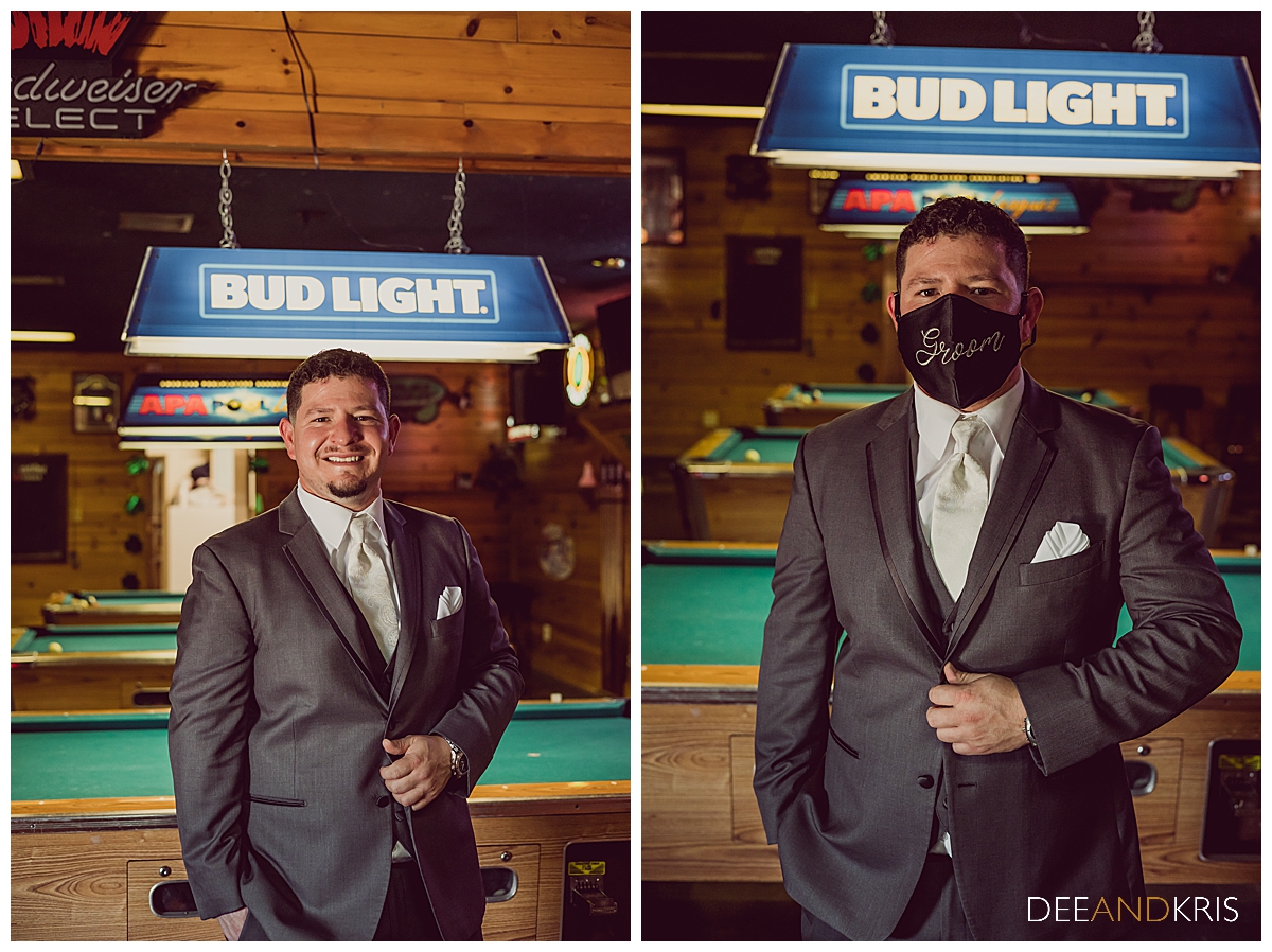 Two color images: left image of groom smiling in front of pool table. Right image of Groom wearing a mask that says "groom" in front of pool table.