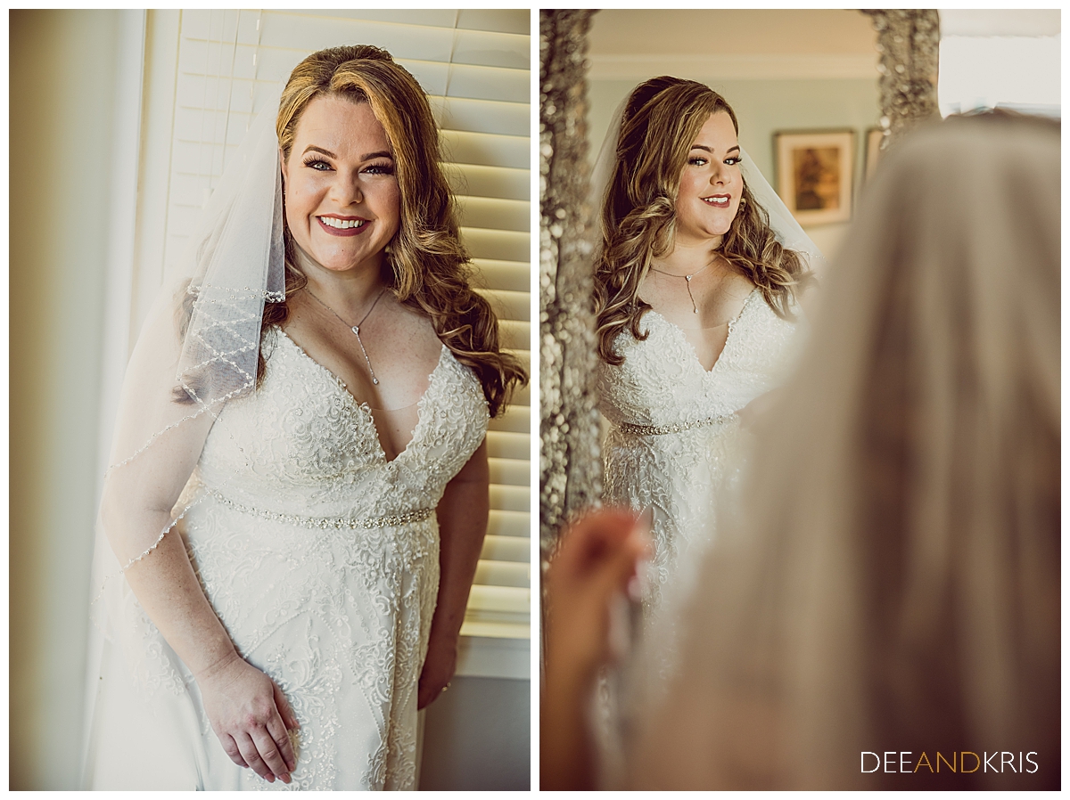 Two color images: Left image of Bride in gown and veil smiling at camera. Right image over the shoulder shot of bride's reflection in full length mirror.