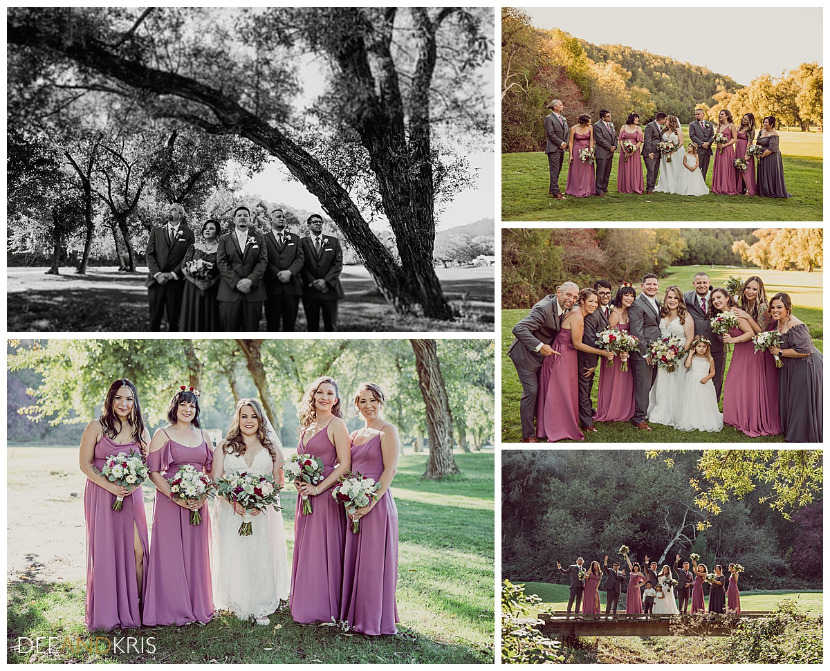 One black and white image and four color images: Left top image is black and white of groom posing with grooms party in a triangular formation. Bottom left image of Bride with bridal party posing in a line. Top Right image of bride and groom kissing while flanked by wedding party. Middle right image of entire wedding party looking at camera. Bottom right image of entire wedding party standing on bridge in various fun poses.