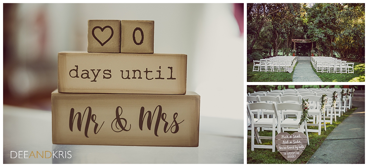 Three color images of wedding details: left image of wedding countdown blocks. Top right image of venue seating and wedding altar. Bottom right image of heart-shaped wooden seating sign leaning against chairs.