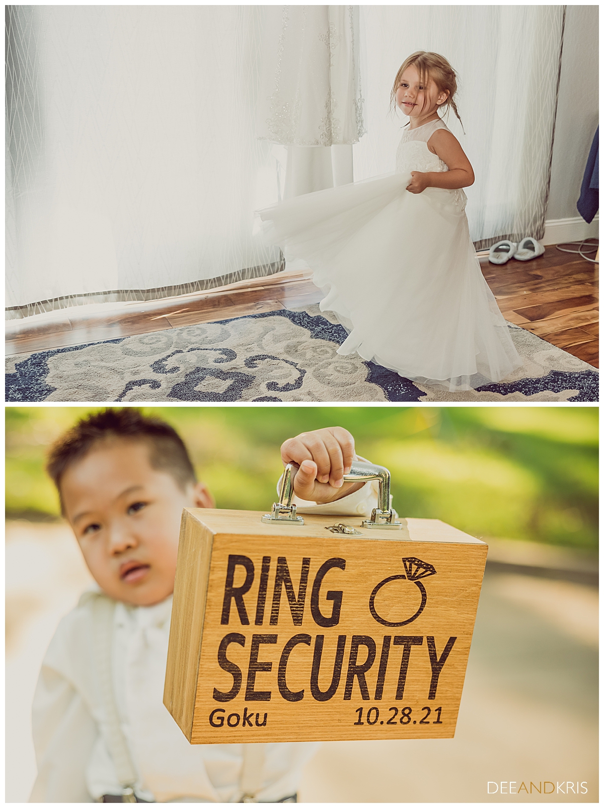 Two color images: Top image of flower girl twirling in her dress. Bottom image of Ring Bearer holding "ring security" case.