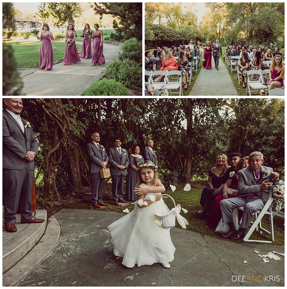 Three color images: Top left image of bridesmaids walking toward aisle. Top right image of couple coming down the aisle. Bottom image of flower girl tossing rose petals.