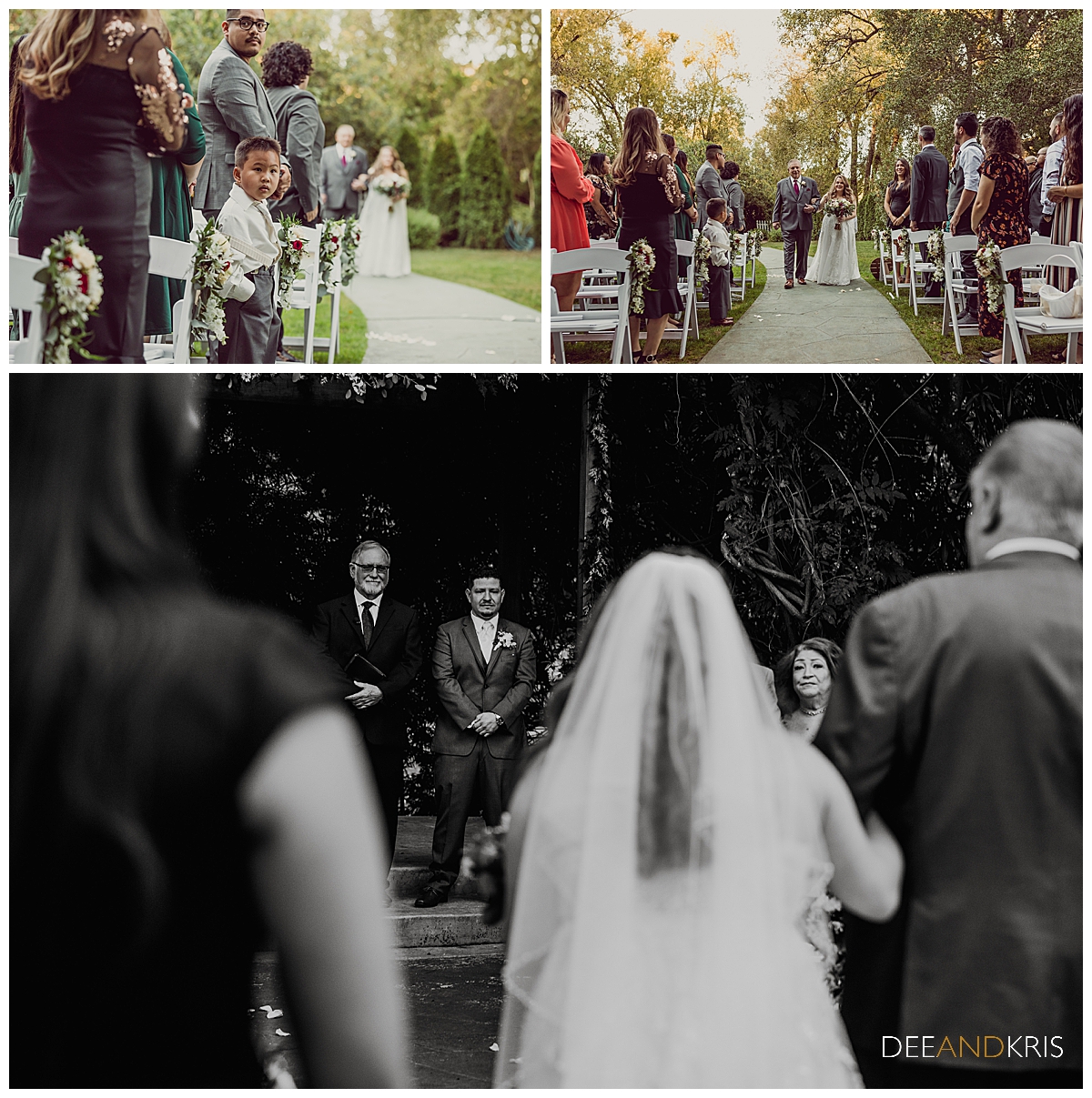 Three images: Top left color image of ring bearer looking back at camera with bride and father coming down the aisle. Top right color image of bride and her father walking down the aisle. Bottom black and white image groom looking tearful as bride walk down the aisle with her father.