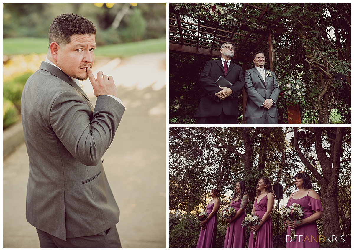 Three color images: Left image of groom looking back at camera with his finger pressed to his lips. Top right image of groom with officiant smiling. Bottom right image of bridesmaids.