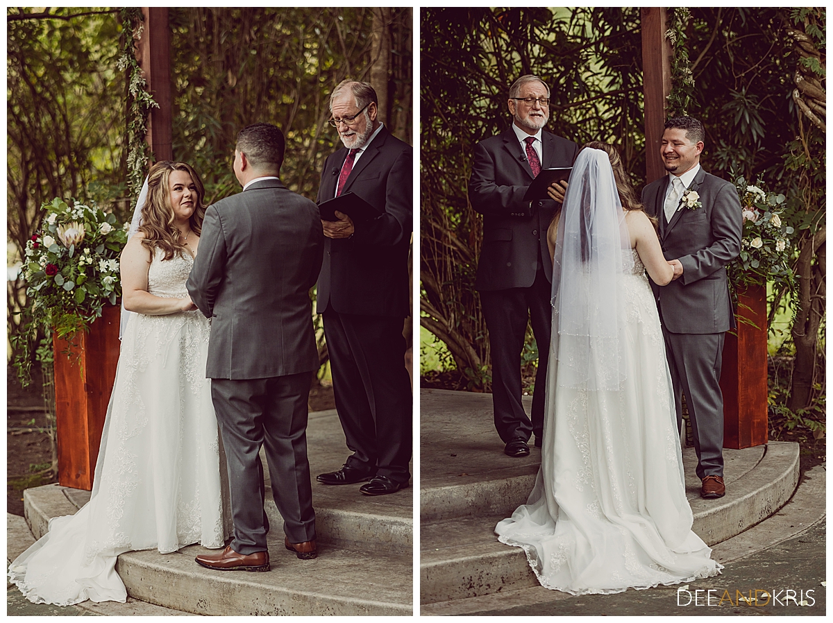 Two color images: left image of bride facing groom with groom's back to the camera. Right image of Groom facing bride with bride's back to the camera.
