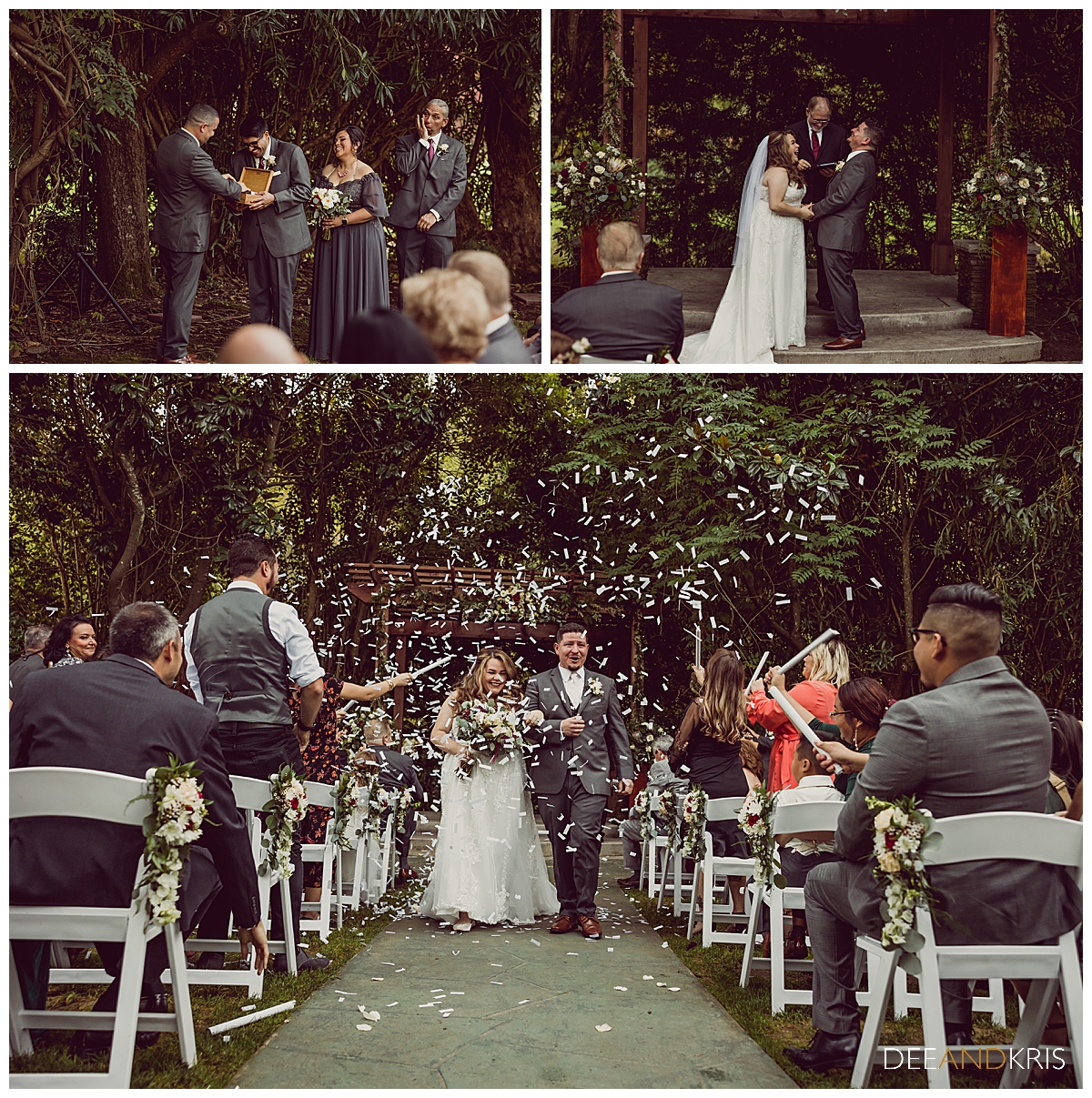 Three color images: Top left image of groom taking ring from security case held by best man. Top right image of bride and groom facing each other in laughter. Bottom image of Bride and Groom in recessional being showered by confetti by guests.